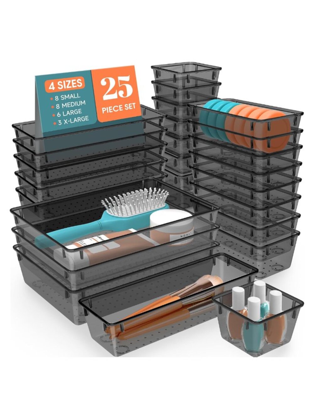 25 Pc Plastic Drawer Organizer Set Stackable Non-Slip Storage Bins